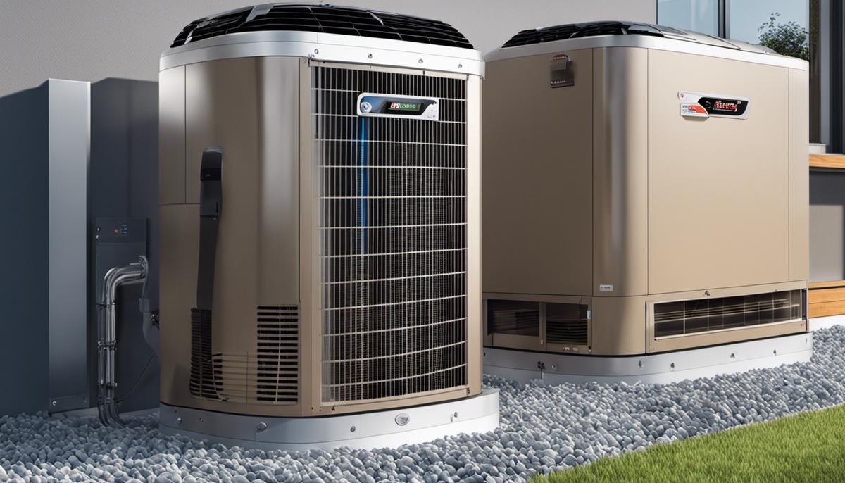 A technological image demonstrating the relationship between heat pumps and furnaces, highlighting the evolution towards sustainability and efficiency.