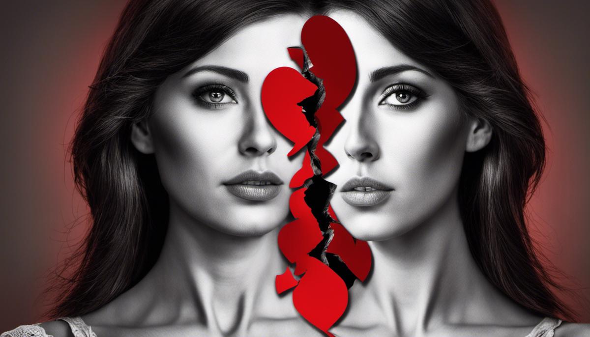 Image depicting the hidden signs of a narcissistic spouse, showing a couple facing opposite directions with a broken heart in-between them.