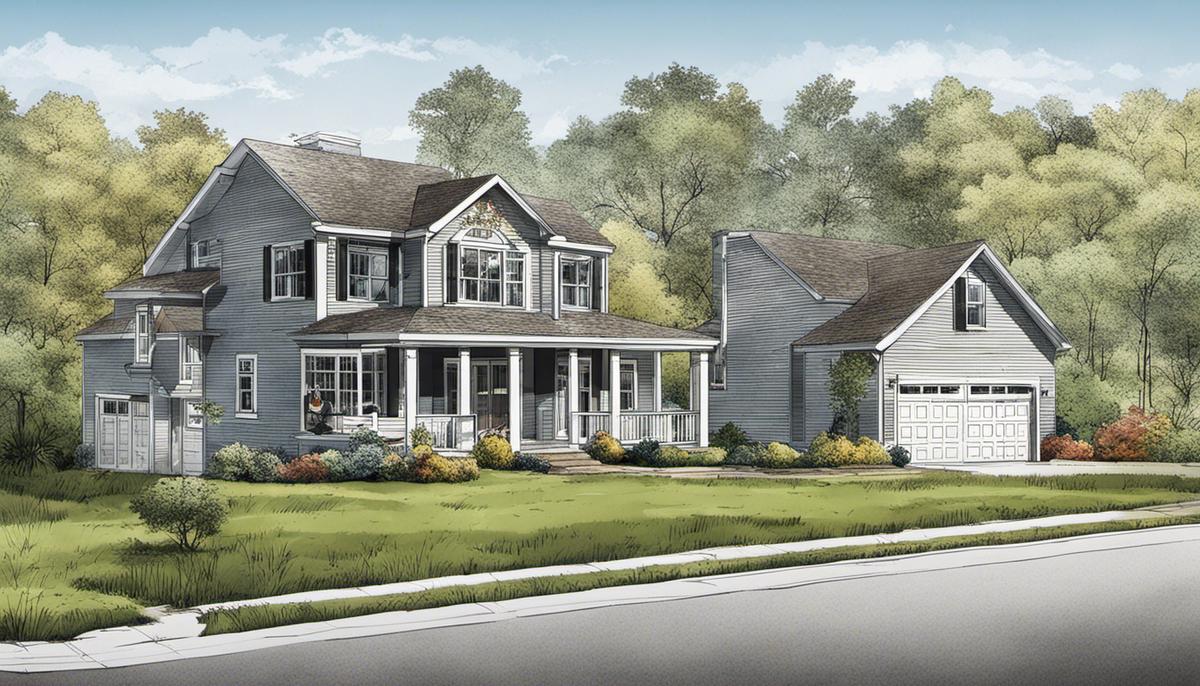 Illustration of a real estate investment with dashed lines representing growth and income.